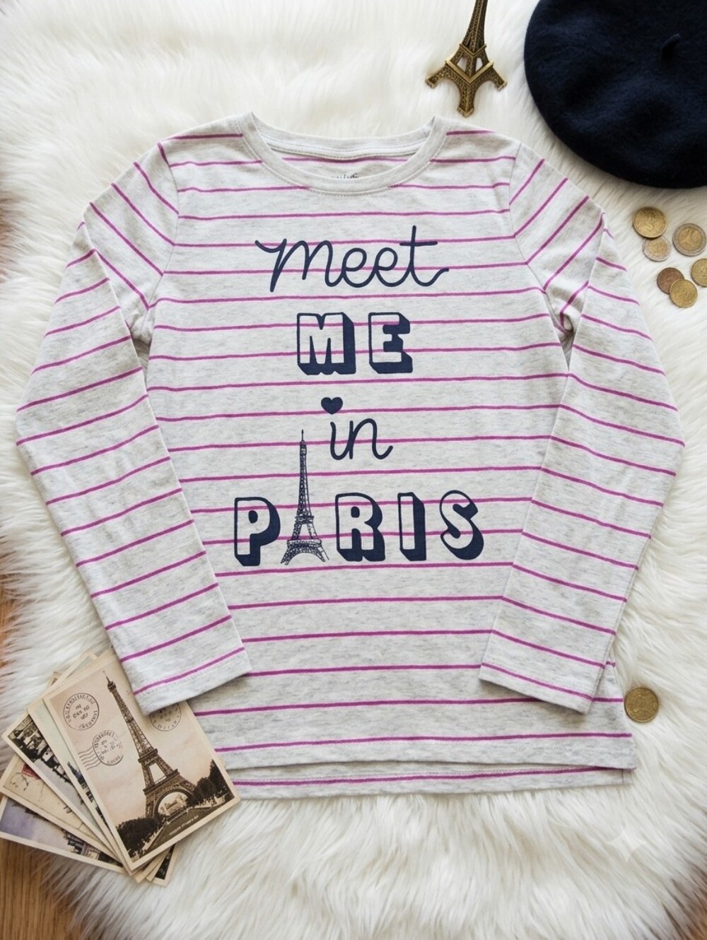 OshKosh B'gosh Gray & Pink Striped 'Meet Me in Paris' Long Sleeve Top